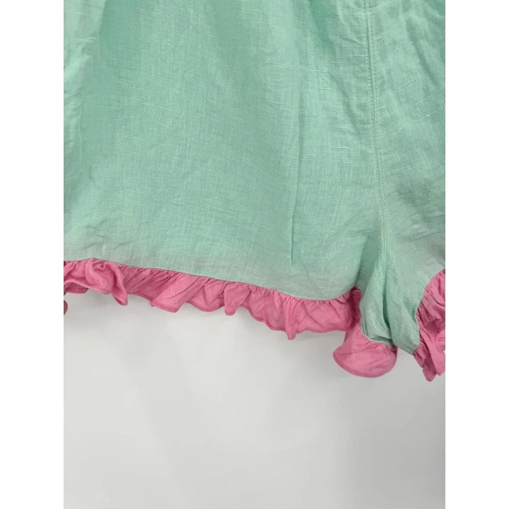 Dora Larsen Ruffle Shorts Women US 4 Mint Green Pink Linen Loungewear